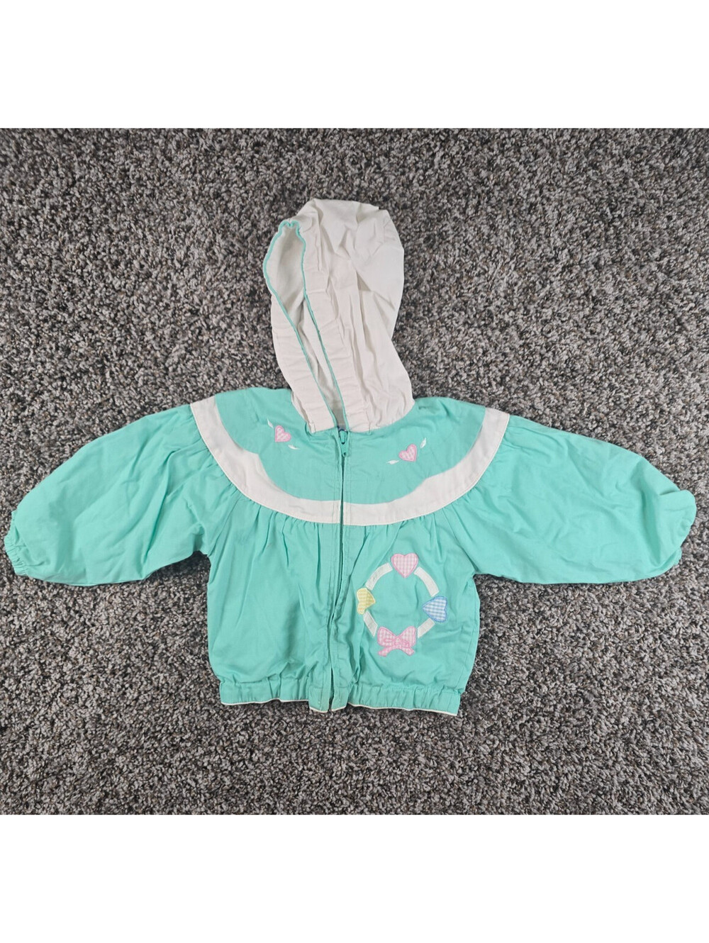 Vtg 1980s Carters Baby Sz 18M Zip Up Hooded Windbreaker Jacket Teal White Pastel